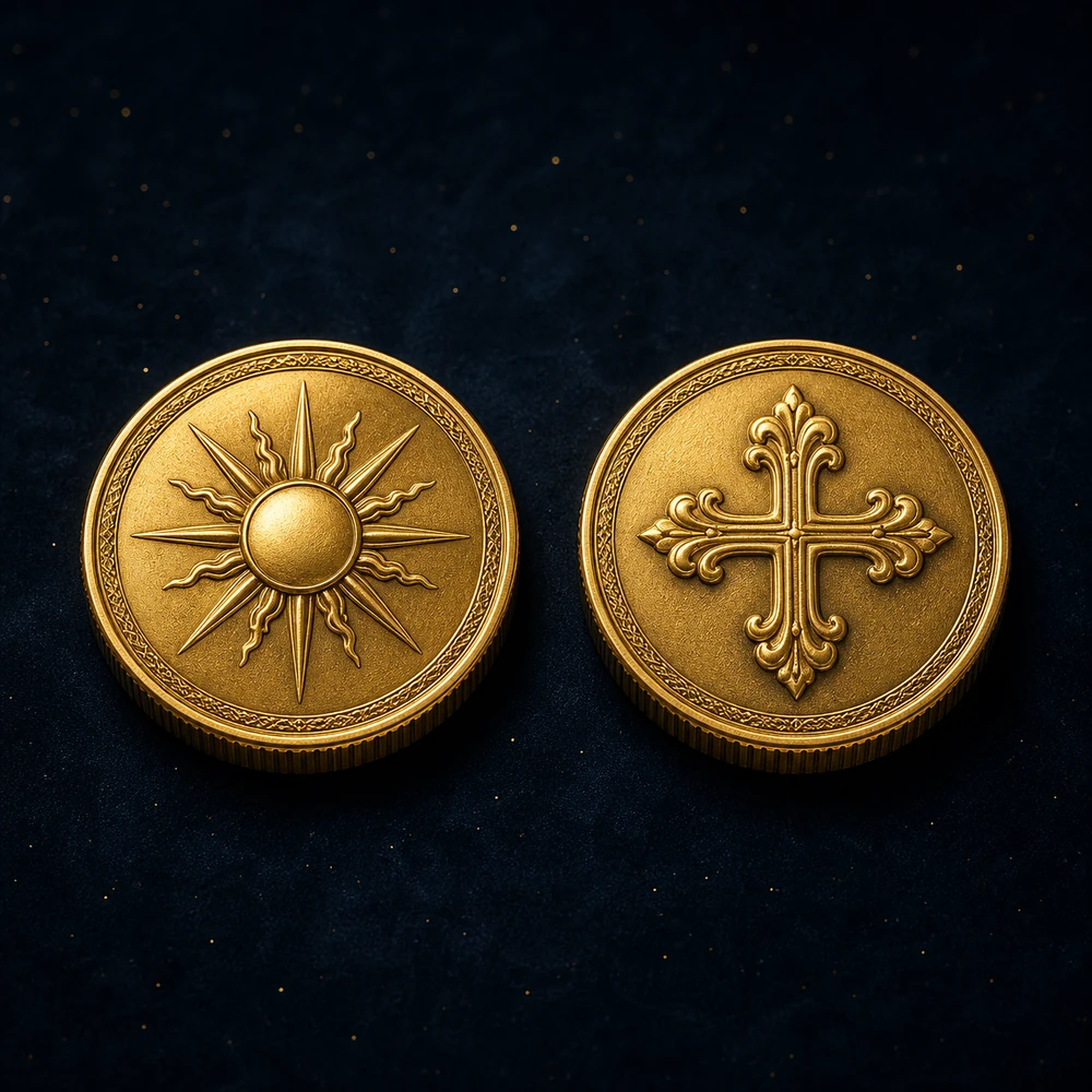 Dos monedas doradas una junto a otra mostrando las caras de cara, con un sol, y cruz, con una luna