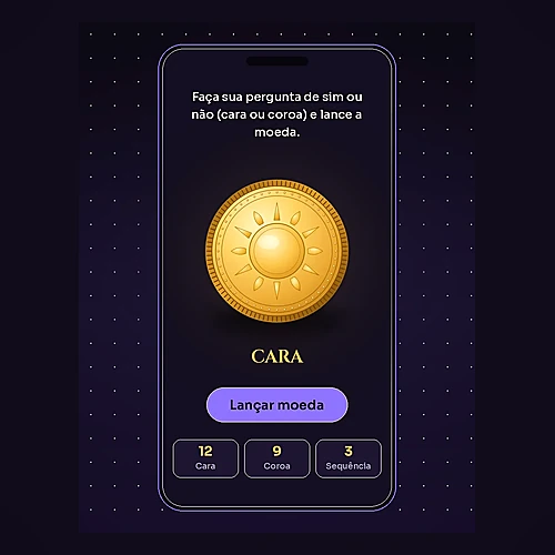 Pantalla de la aplicación web Cara o Cruz en un móvil, con la moneda dorada, el botón Lanzar moneda y el marcador